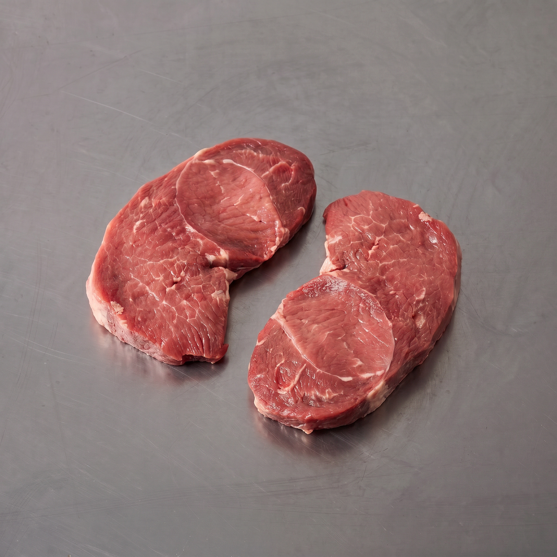 Grass Fed Round Steak ~500g on stainless steel butcher's bench