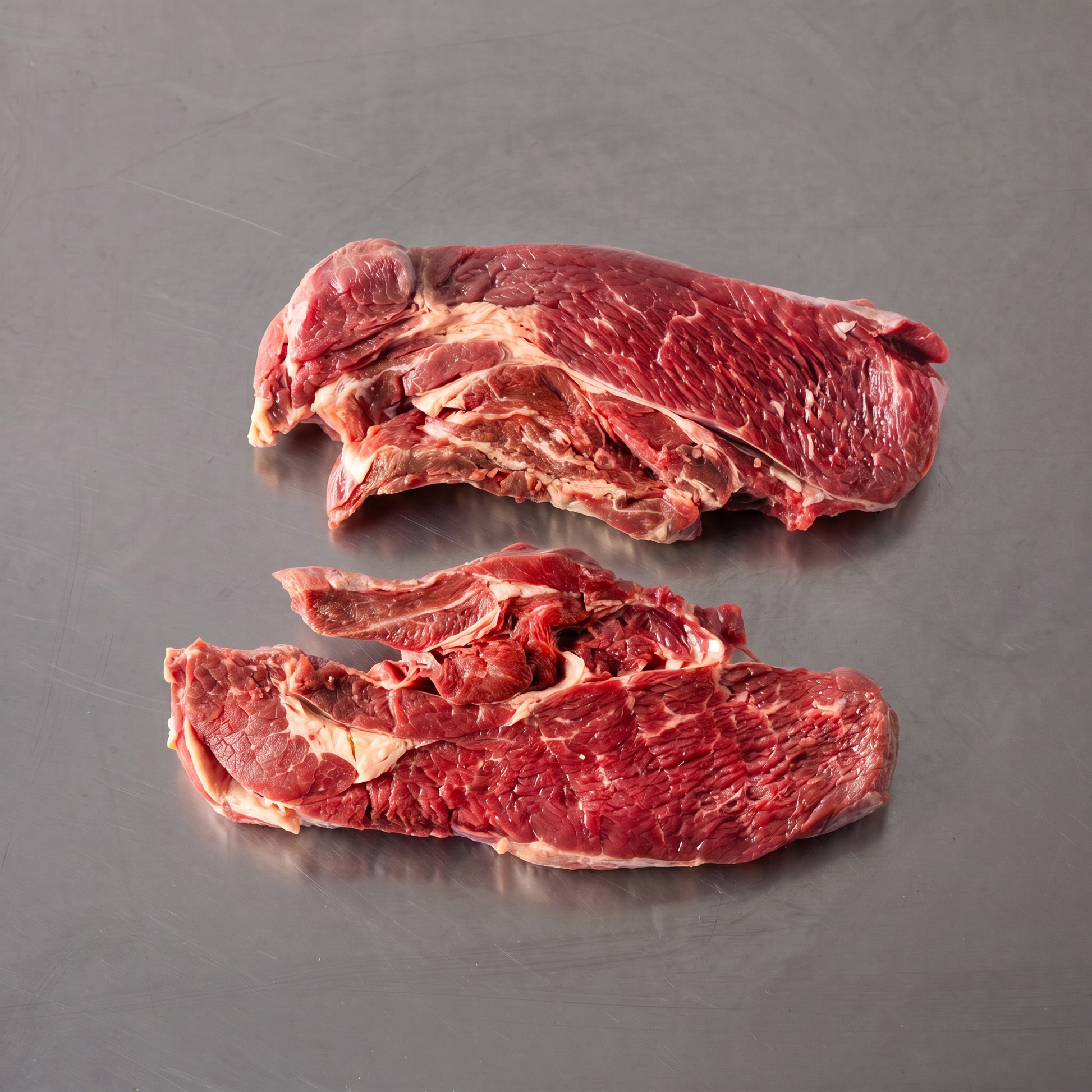 Grass Fed Chuck Steak ~500g on stainless steel butcher's bench