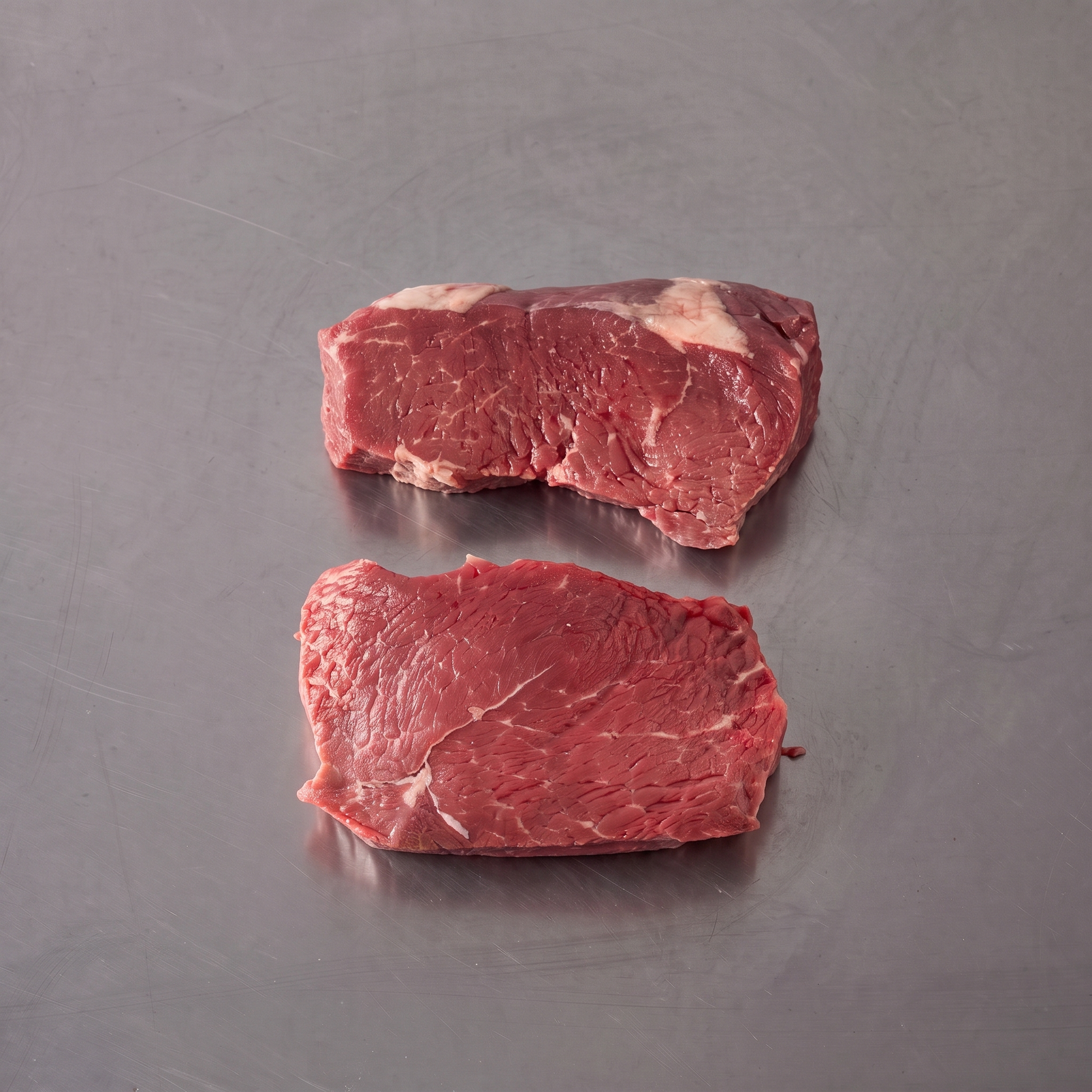 Grass Fed Rump ~500g on stainless steel butcher's bench